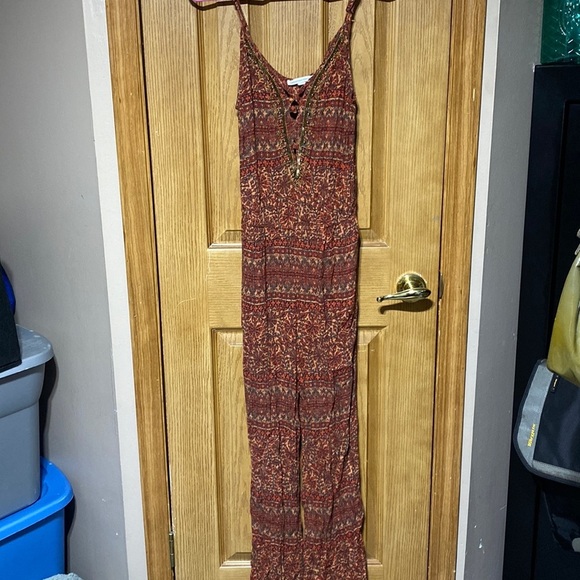 AMERICAN EAGLE Beaded Rust 100% Viscose Boho Print Pocket Jumpsuit​​ - Picture 2 of 10